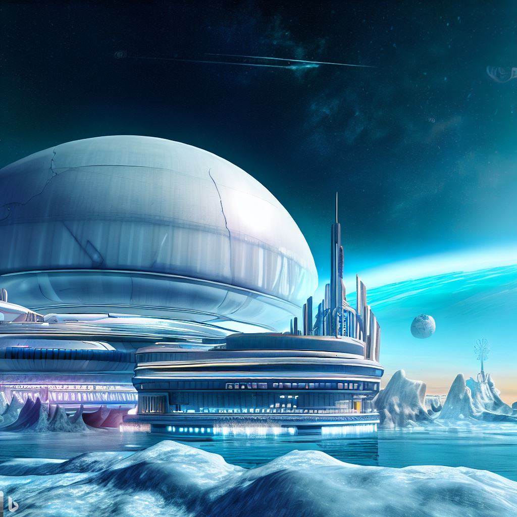 a space hotel surround by ice and snow